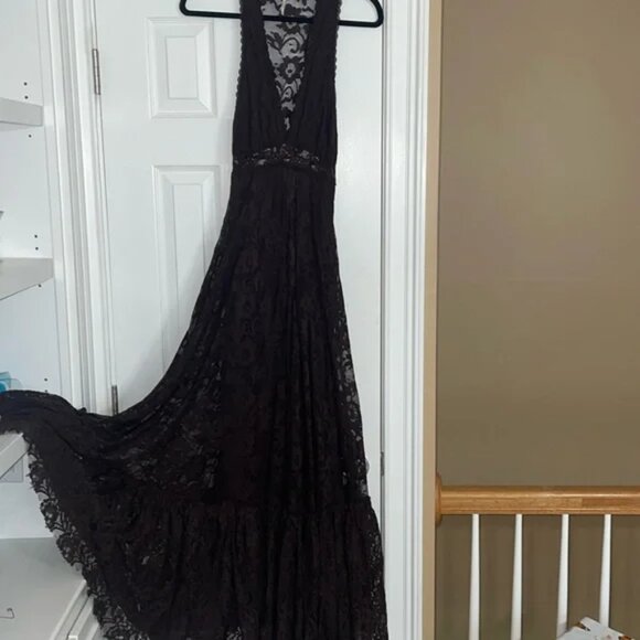 Free People One More Night Pieced Lace Ethereal flounce hem Maxi Dress in Onyx 6 - Picture 8 of 12